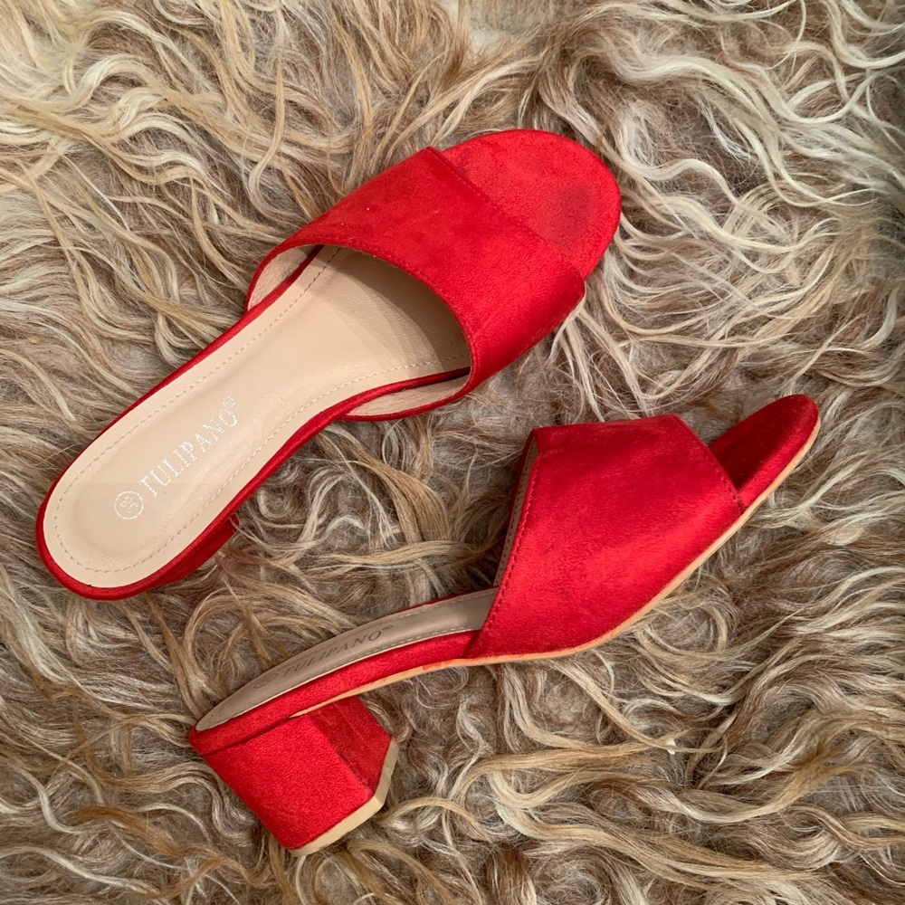 Red slides with small block heel